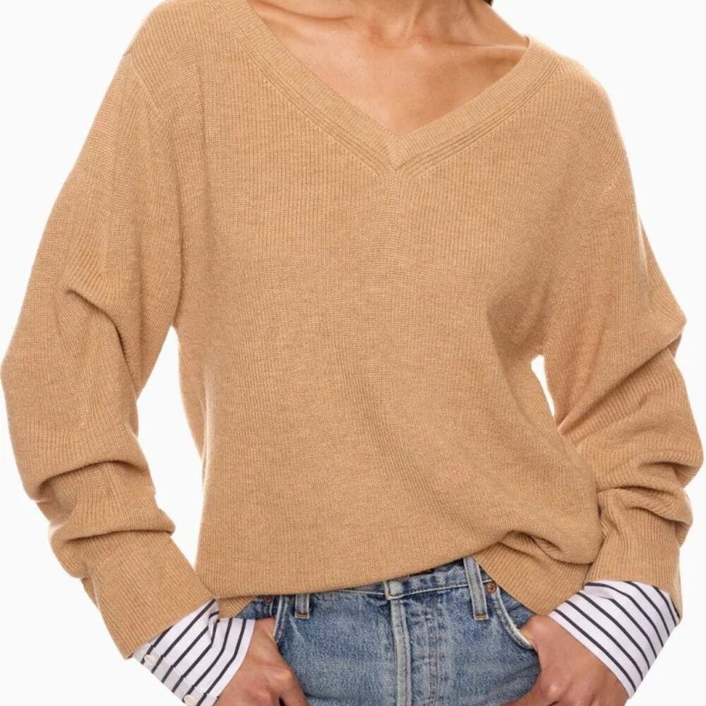 Derek Lam Tan V-Neck Sweater with Striped Cuffs Size L